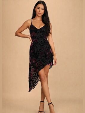 Lulu's Asymmetrical Velvet Floral Dress, Black and Plum